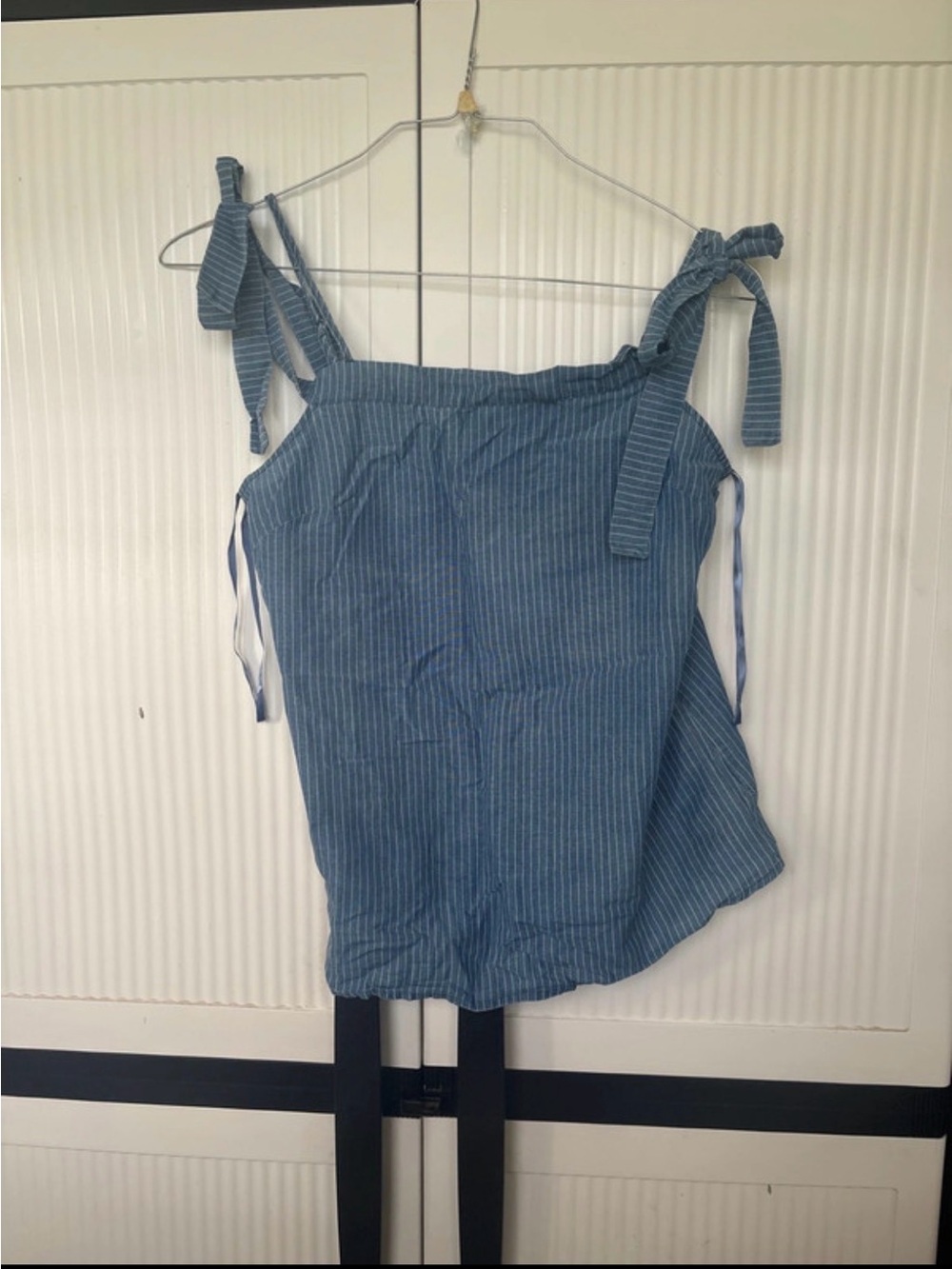 Blue Pinstripe Tie-Shoulder Tank Top